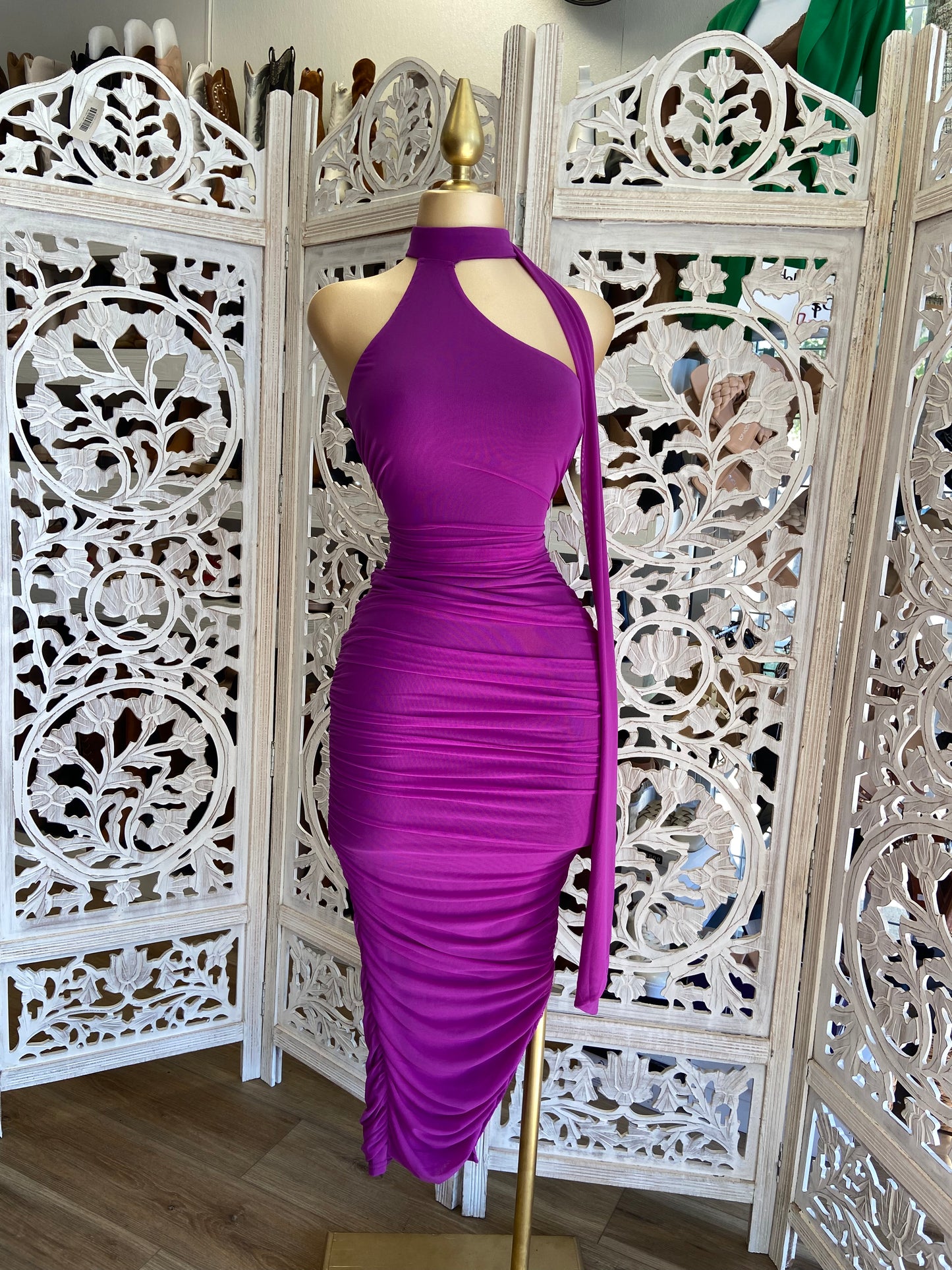 Halter Magenta Ruched Dress- Stretchy, Estira