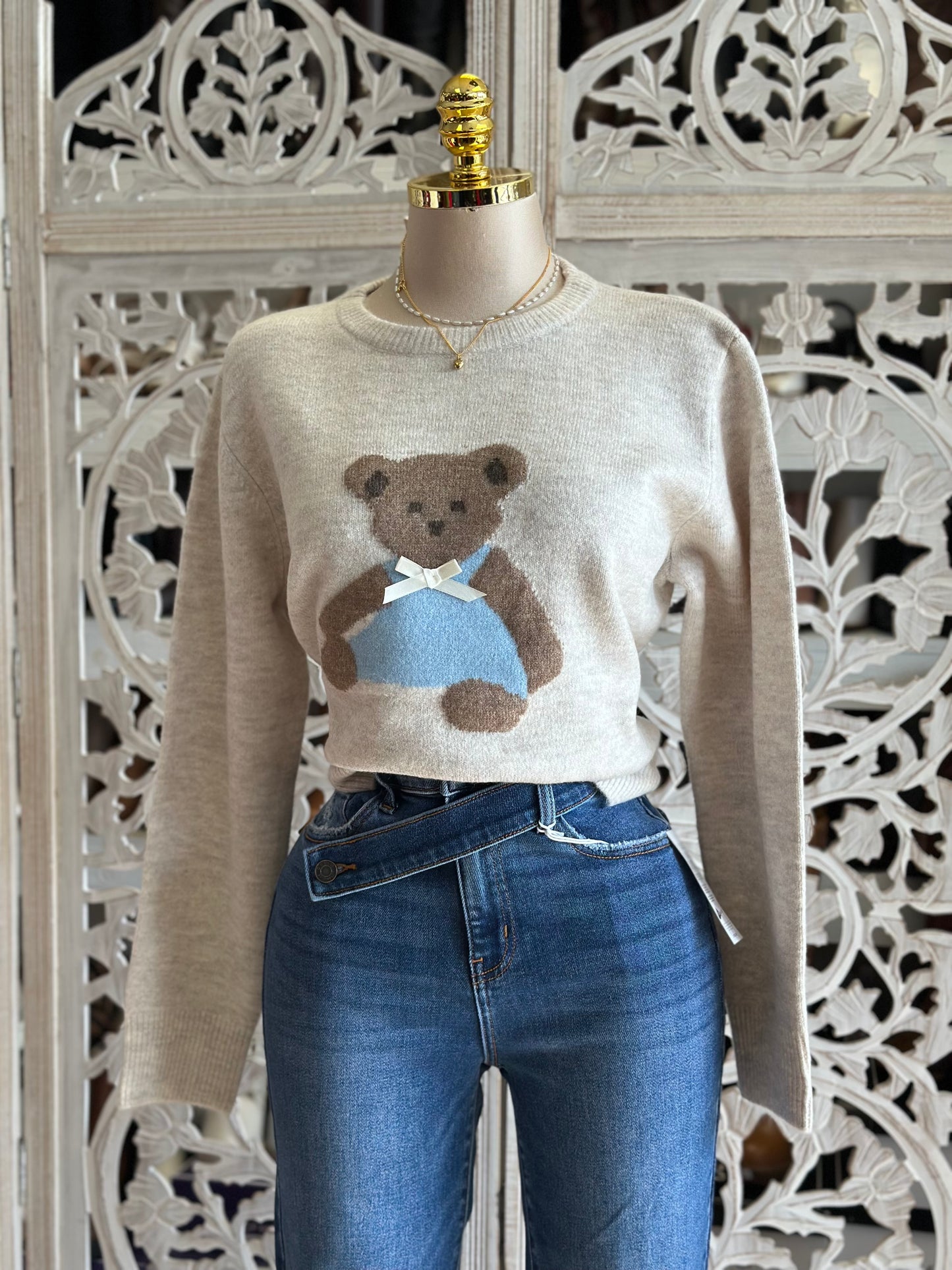 Baby BlueTeddy Bear Ribbon Cozy Sweater