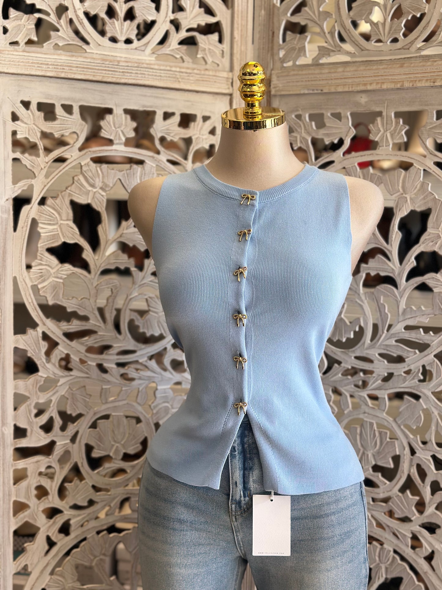 Sky Blue Ribbon Button Blouse- Estira, Stretchy