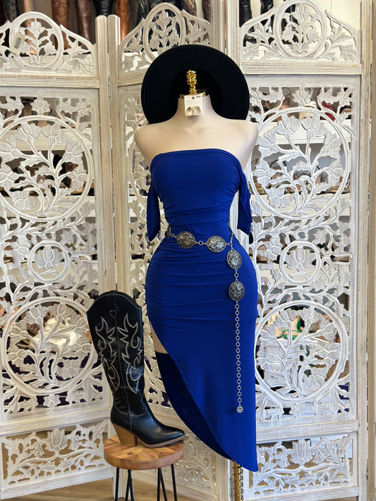 Royal Blue Off Shoulder Midi Slit Dress - Estira, Stretchy