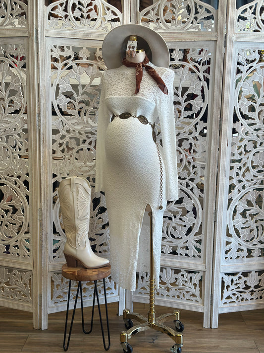 White Full Lace Slit Dress- Stretchy, Estira