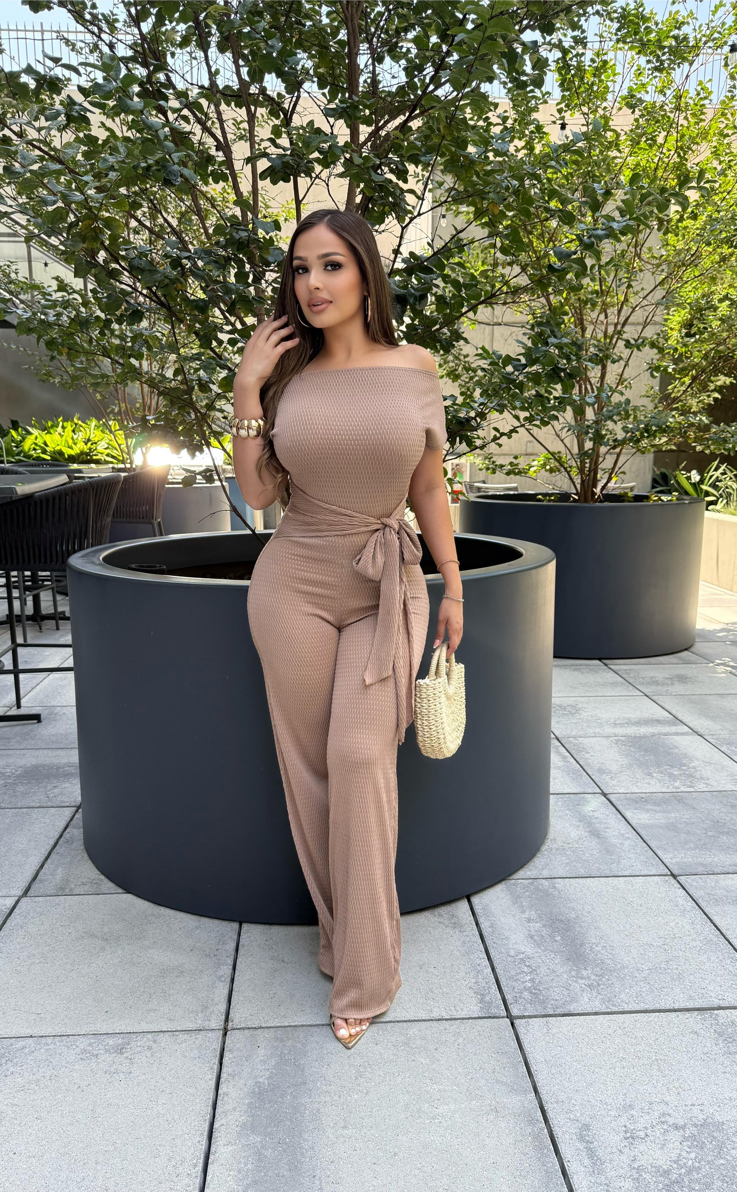 Taupe Ribbed Asymmetrical Jumpsuit - Stretchy,Estira