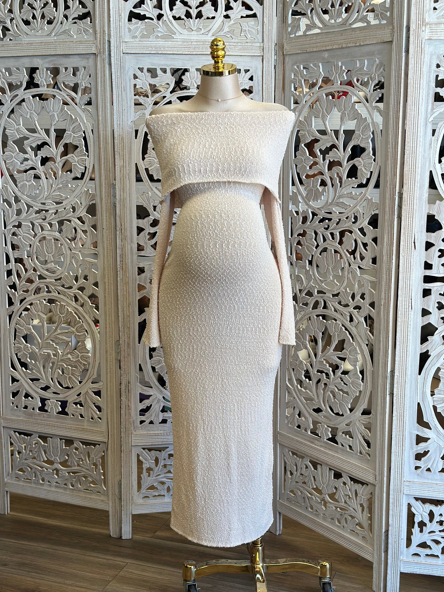 Wheat Knit Off Shoulder Dress-Stretchy,Estira