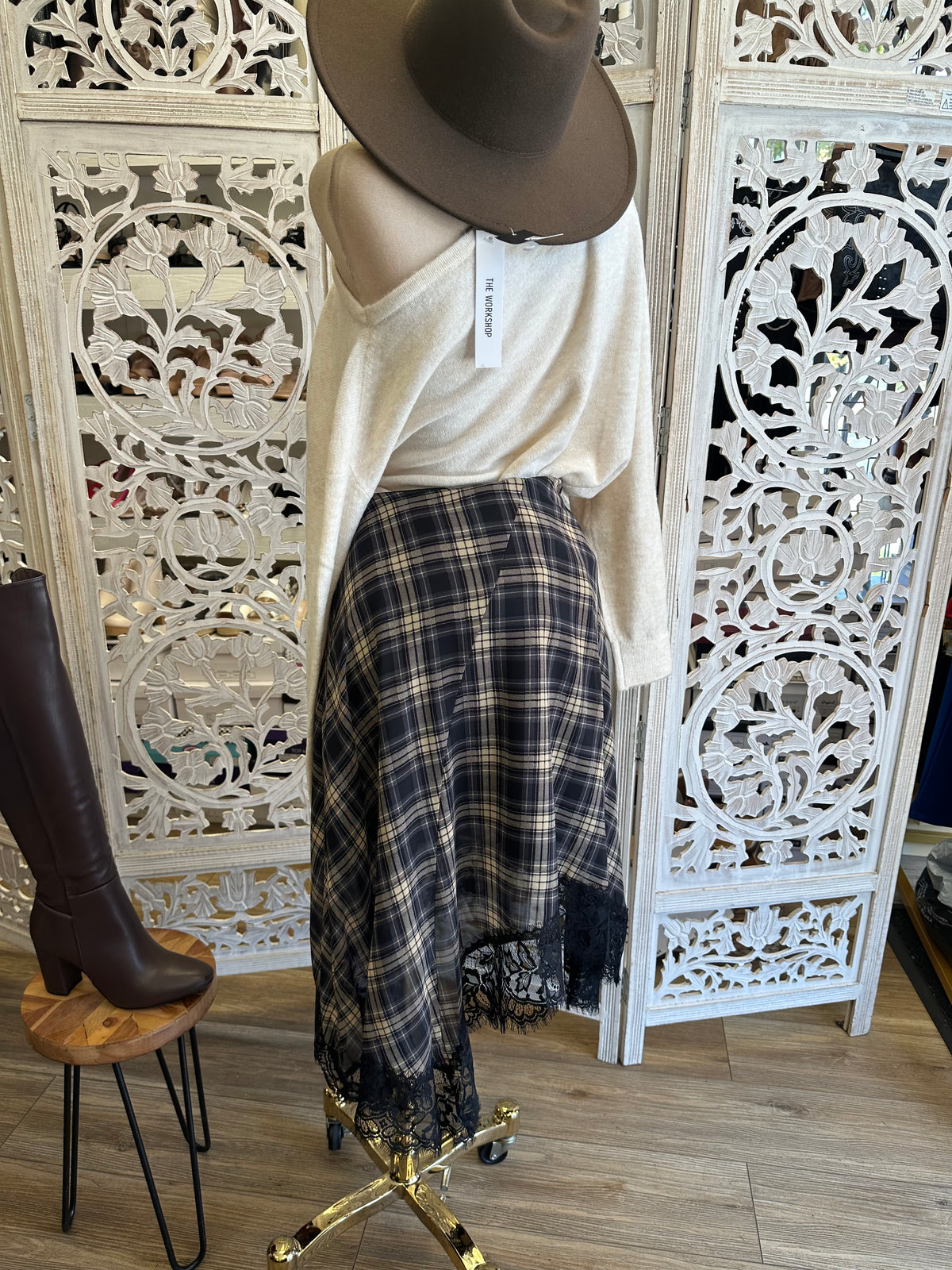 Genevieve Plaid Wrap Skirt- Estira Poco, Slightly Stretchy