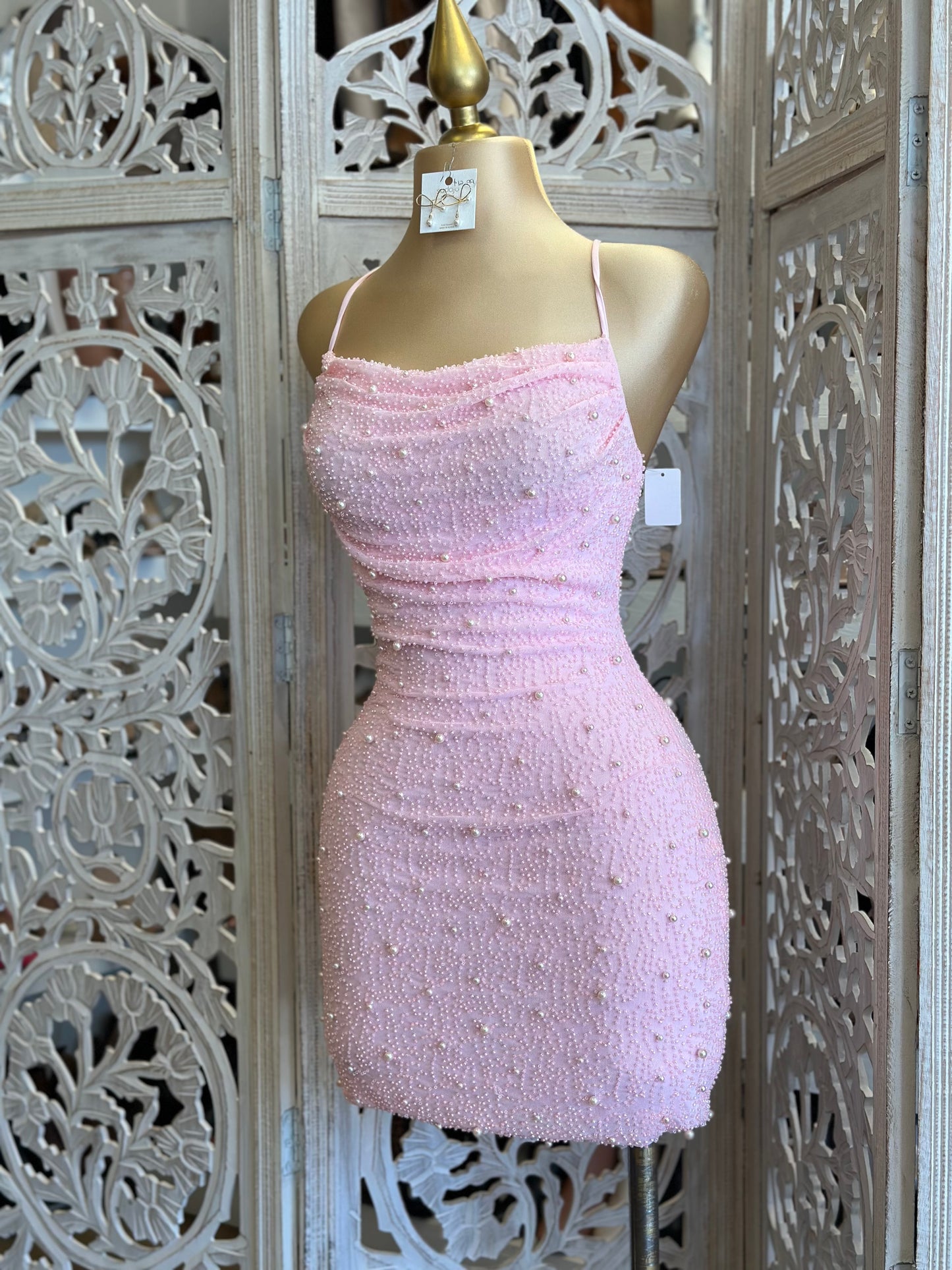 Cotton Pink Mini Embellished Dress- Stretchy