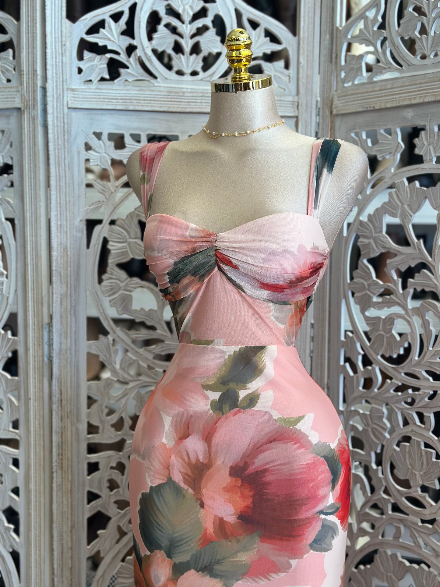 Paintbrush Pink Floral Midi Dress- Not Stretchy, No Estira