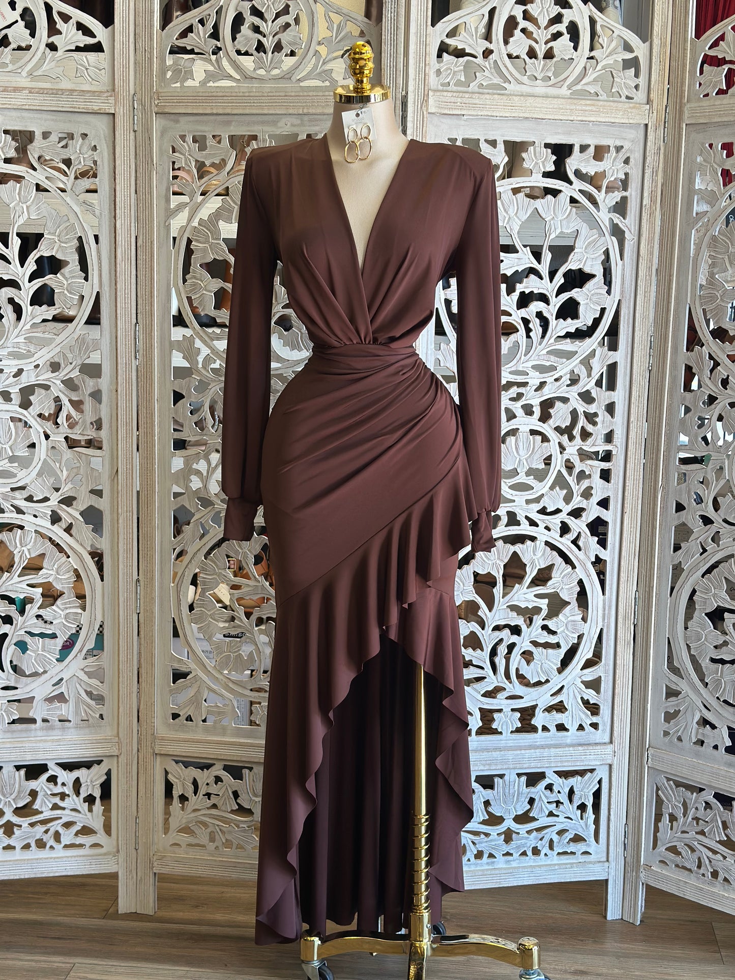 Earth Brown Asymmetrical Ruffle Dress- Stretchy,Estira