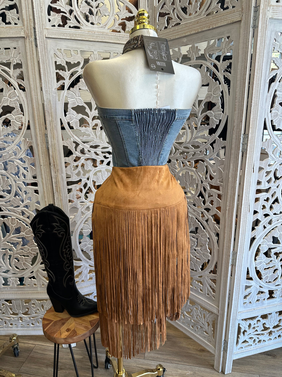 Brown Desert Darling Fringe Skirt - Estira, Stretchy