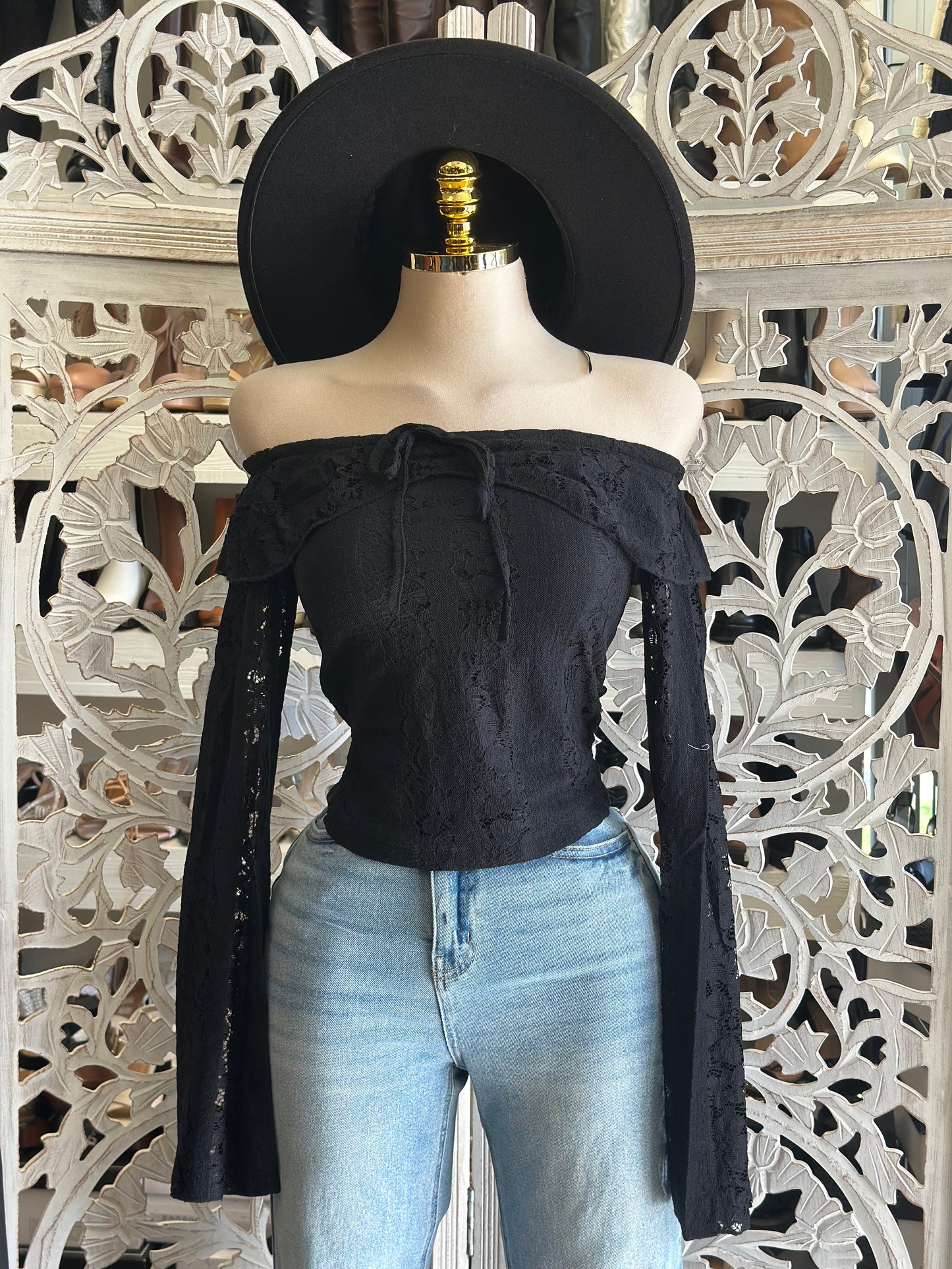 Black Lace Off Shoulder Top- Estira, Stretchy