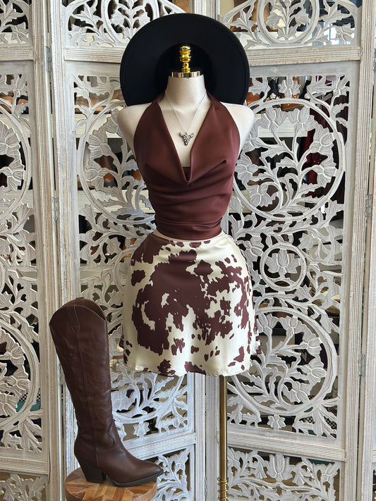 Satin Cow Print Mini Skirt-  Not Stretchy ,  No Estira