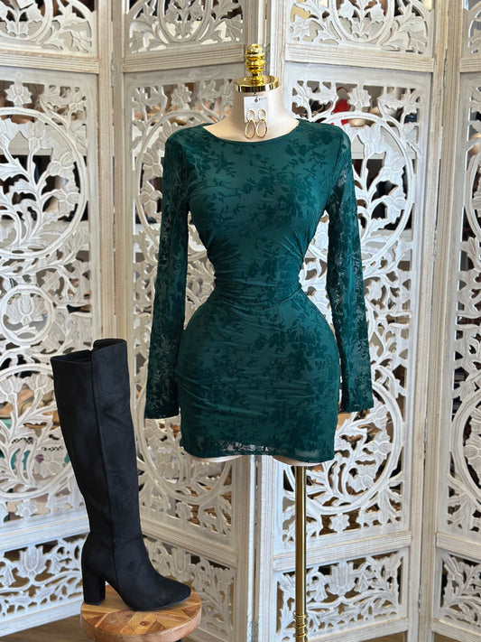 Deep Green Velvet Floral Cutout Mini Dress- Stretchy,Estira
