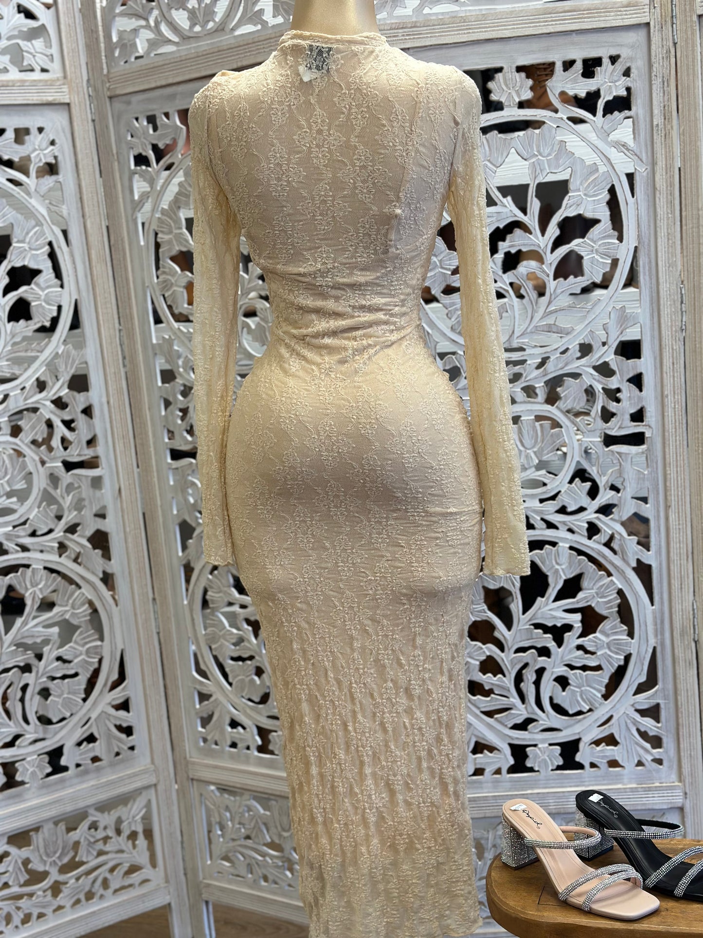 Beige Lace Maxi Dress Stretchy