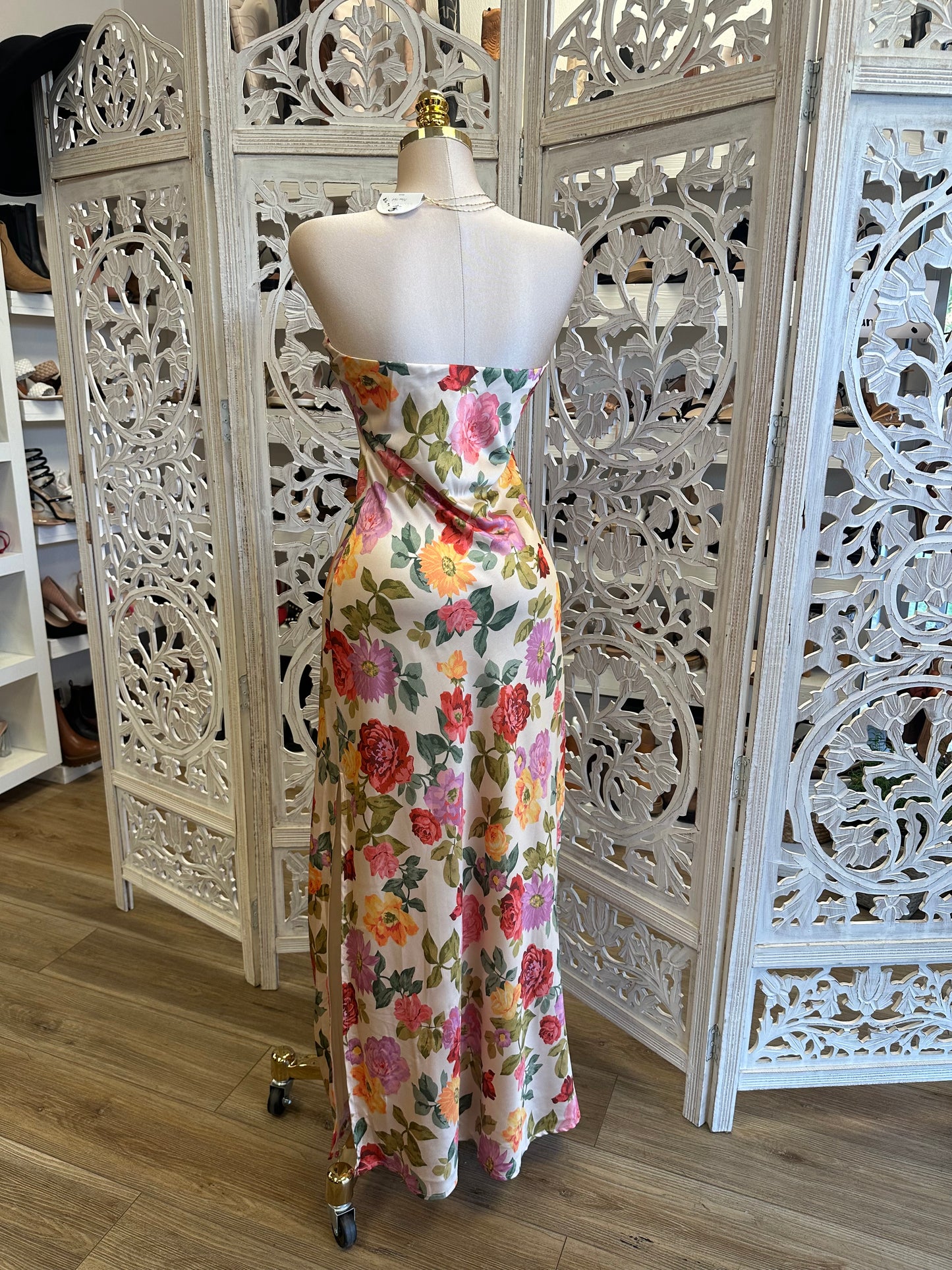 Strapless Satin Floral Multi Color Dress- Not Stretchy,No Estira