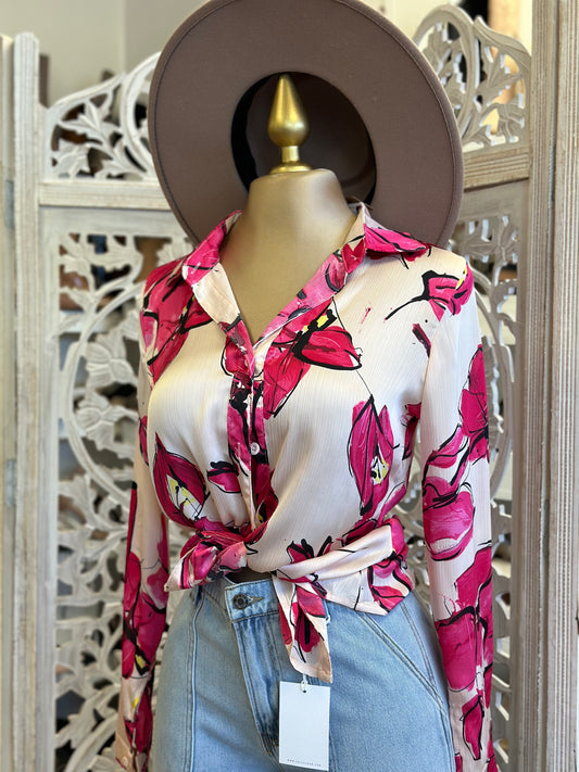 Rose Painted Oattern Button Up Blouse