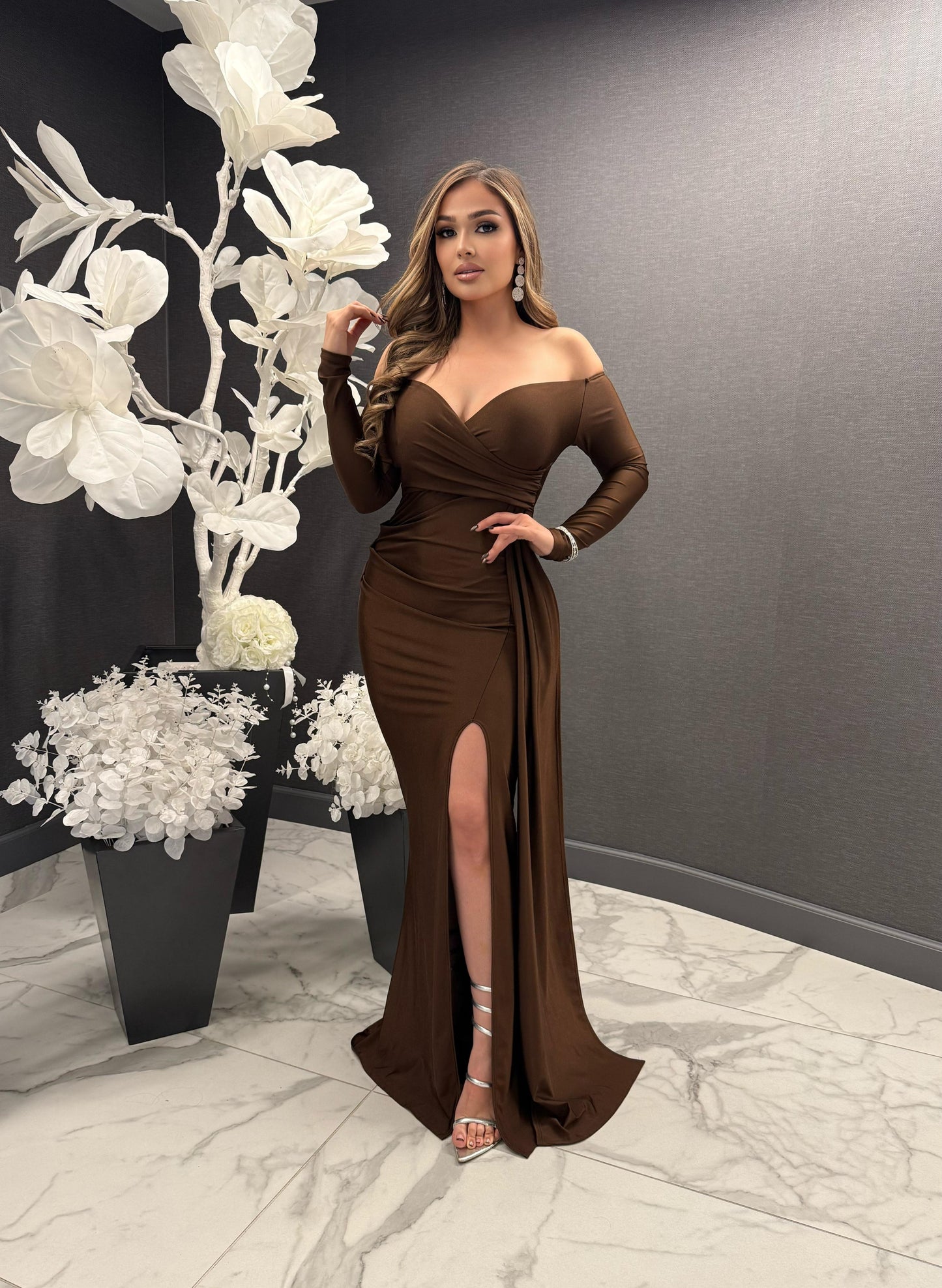 Deep Brown Wrapped Formal Dress- Stretchy,Estira