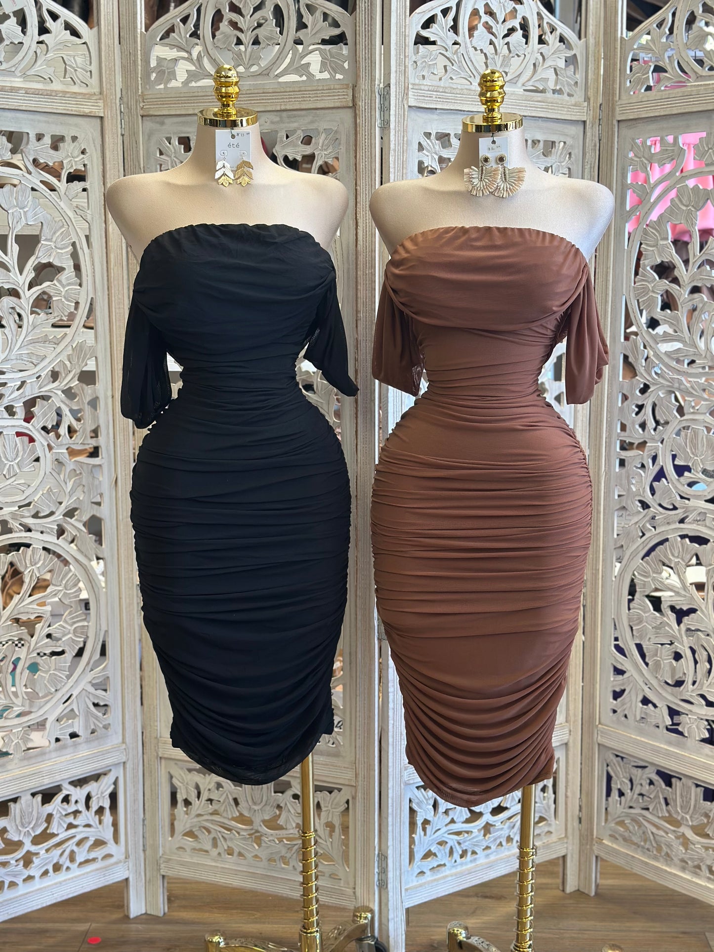 Off Shoulder Ruched  Mesh Dress - Estira, Stretchy