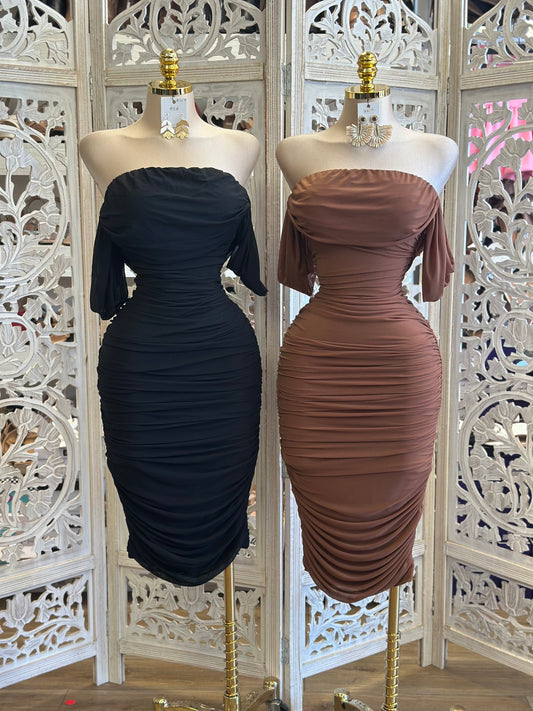 Off Shoulder Ruched  Mesh Dress - Estira, Stretchy