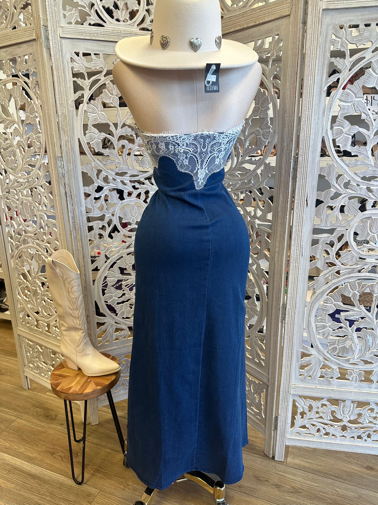Lace Denim Maxi Dress - Slightly Stretchy, Estira Poco