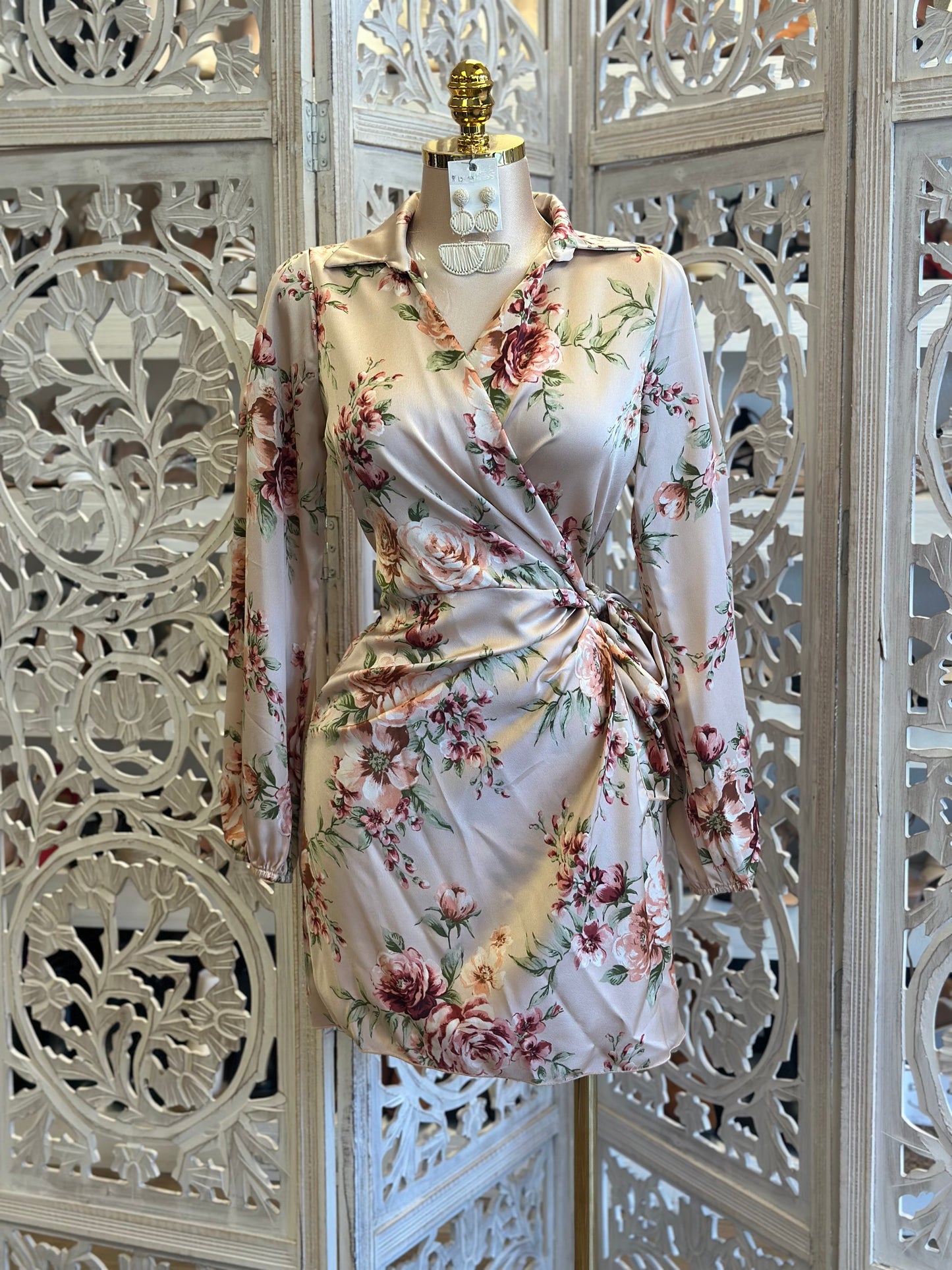 Satin Floral Wrapped Mini Dress- Estira, Stretchy