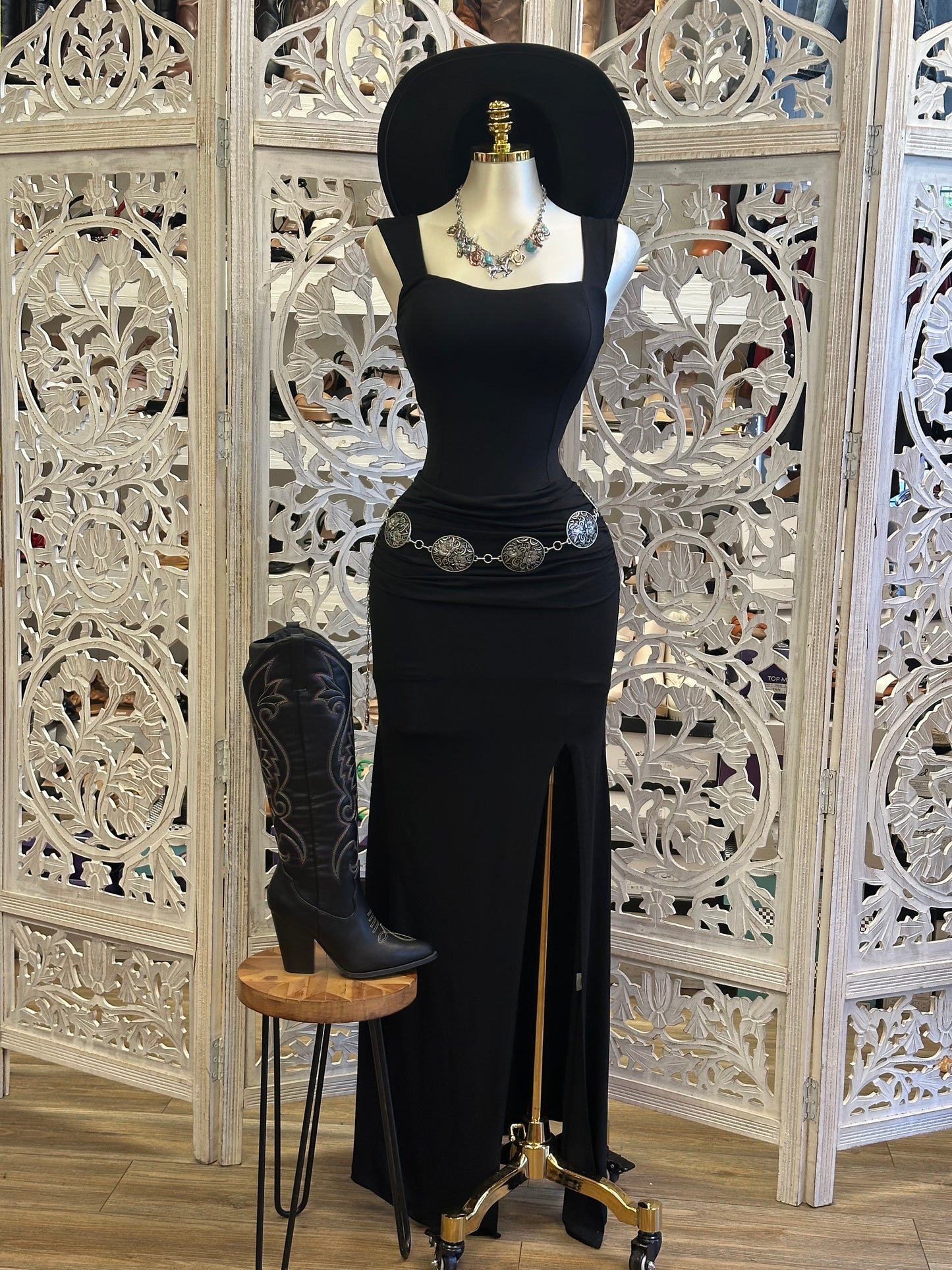 Black Square Neck Slit Dress- Estira, Stretchy