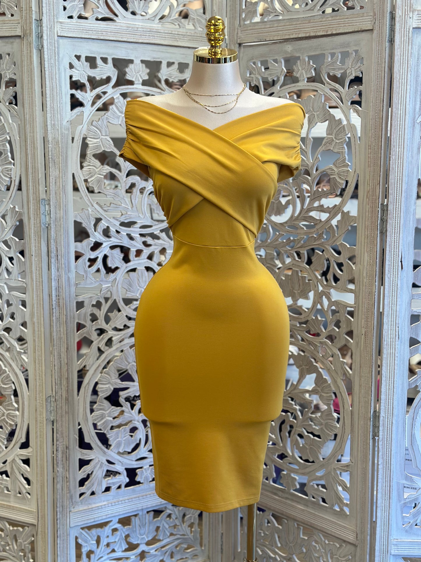 Wrapped Mustard Off Shoulder Dress- Stretchy, Estira