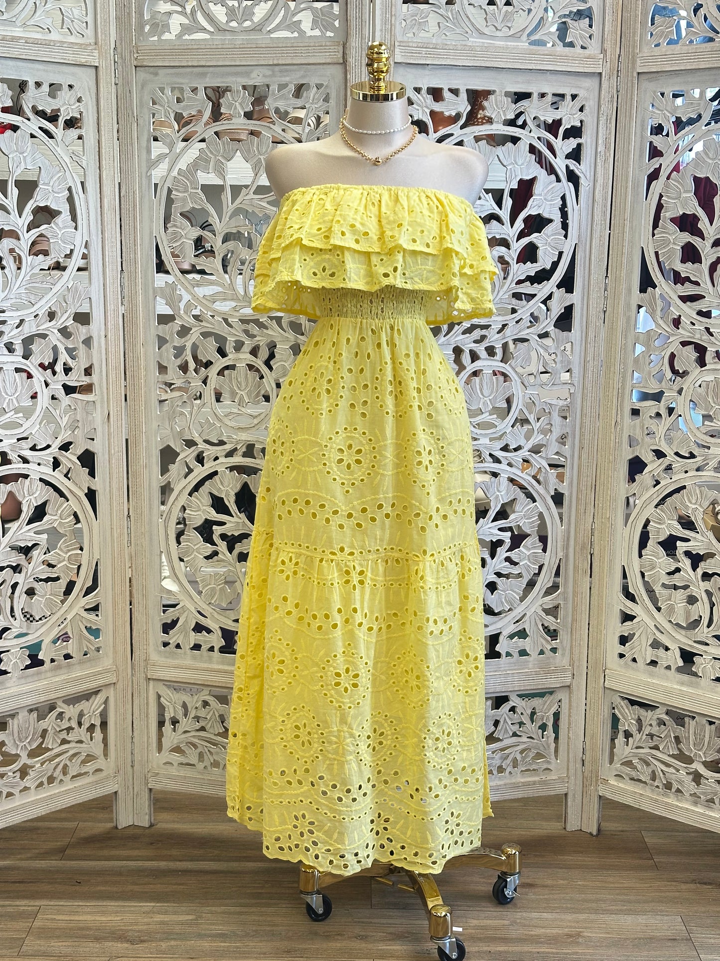 Sunny Yellow Eyelet Maxi Dress - Estira, Stretchy