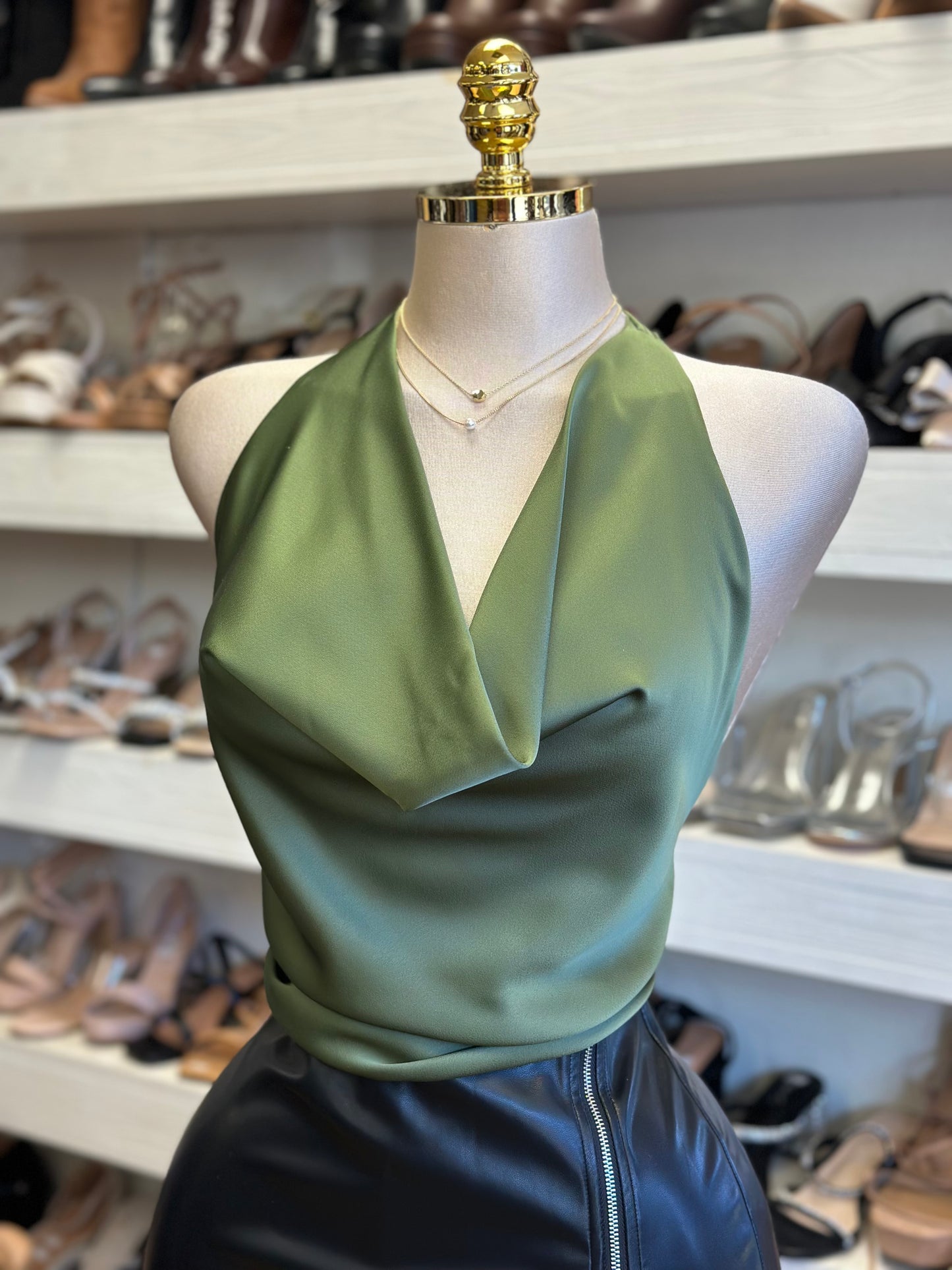 Olive Satin Halter Blouse- Estira, Stretchy