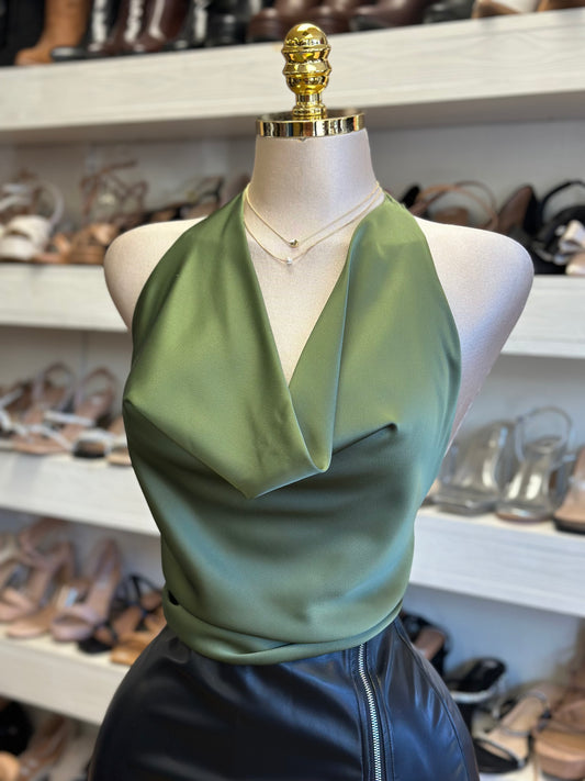Olive Satin Halter Blouse- Estira, Stretchy