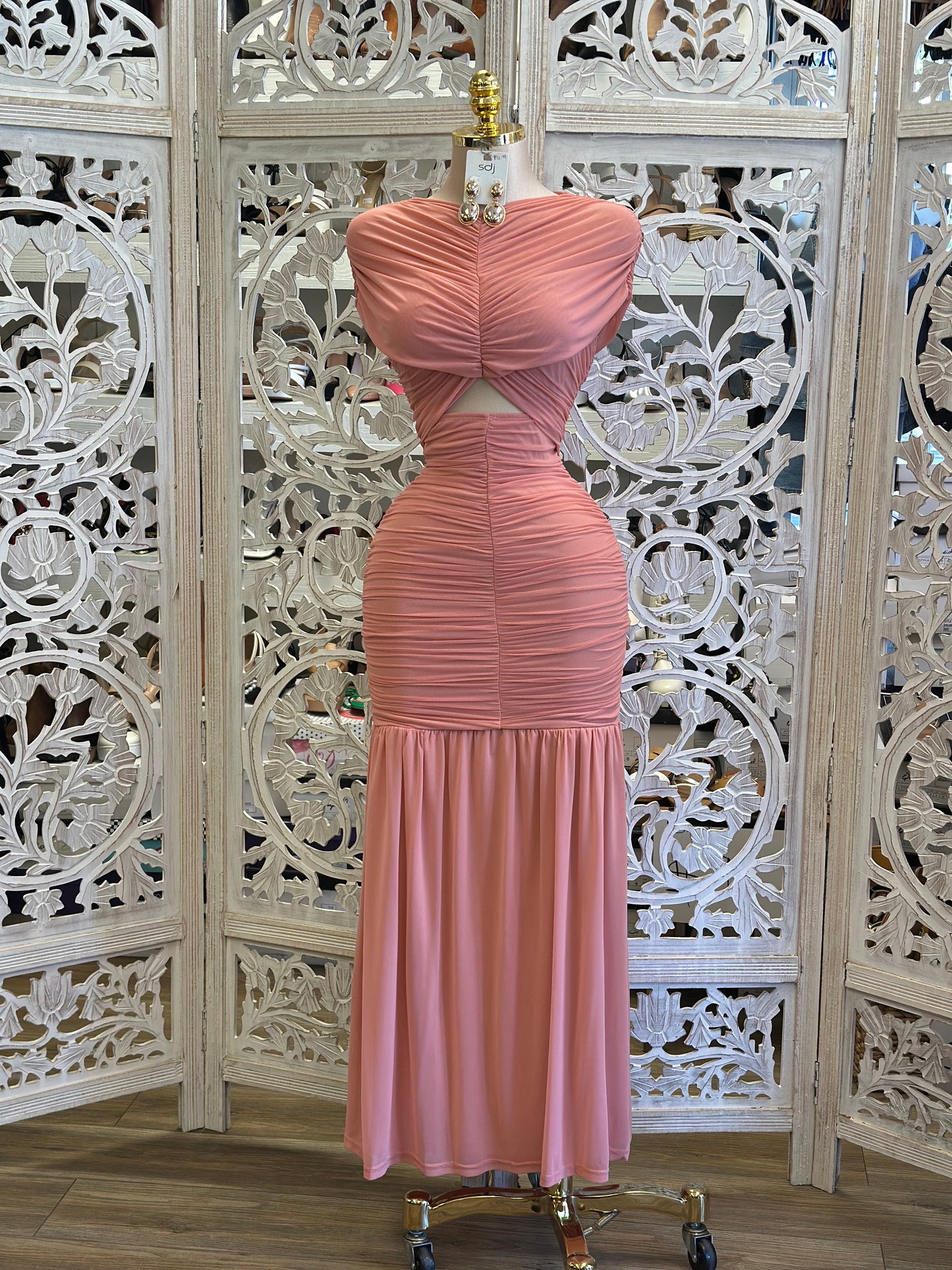Guava Ruched Covered Evening Dress- Stretchy ,Estira