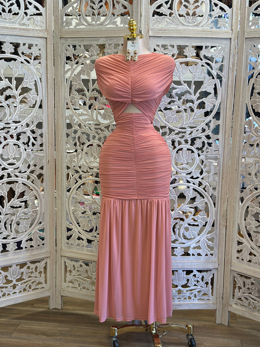 Guava Ruched Covered Evening Dress- Stretchy ,Estira