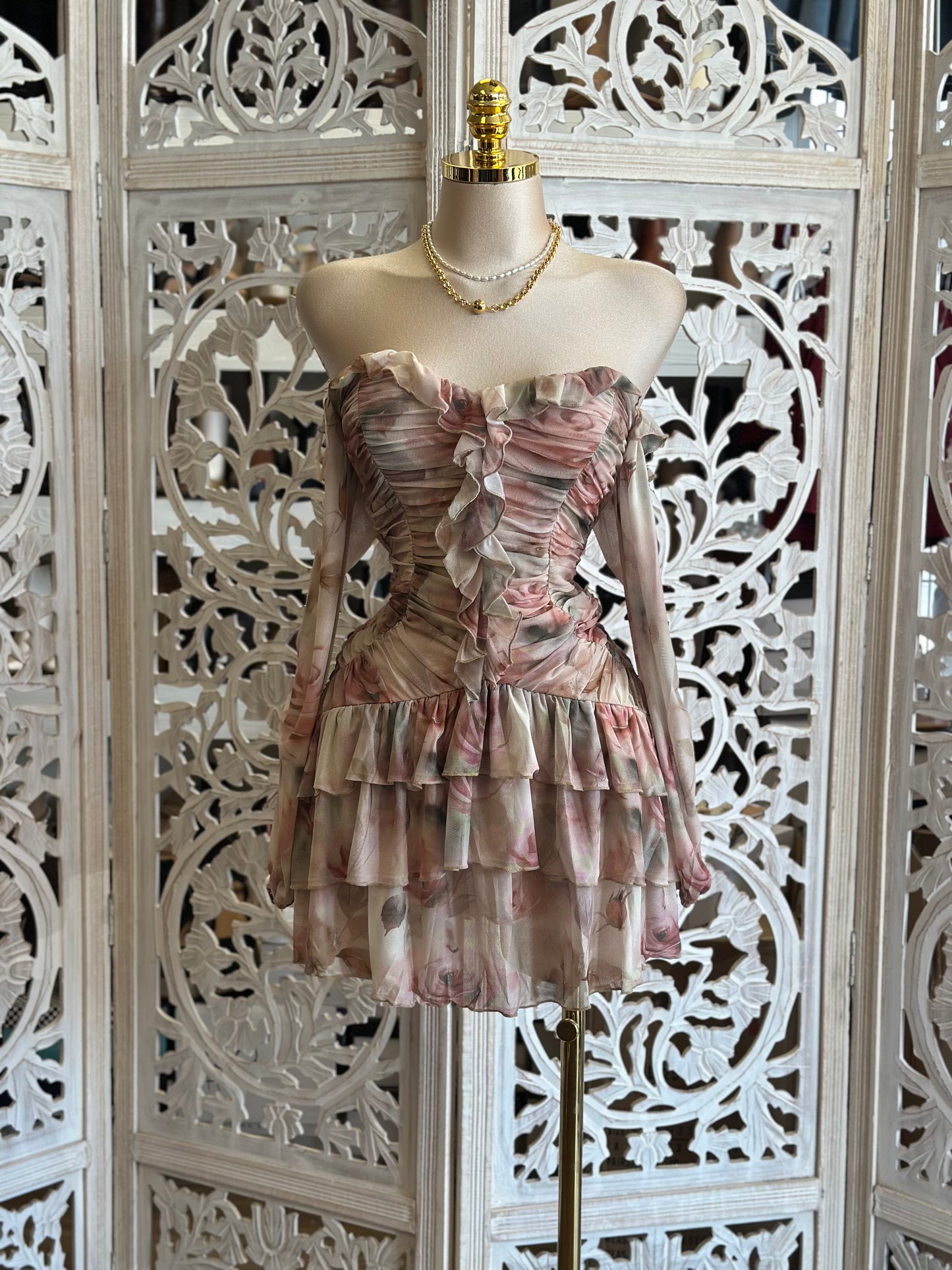 Brushed Floral Ruffled Mini Dress- Stretchy, Estira