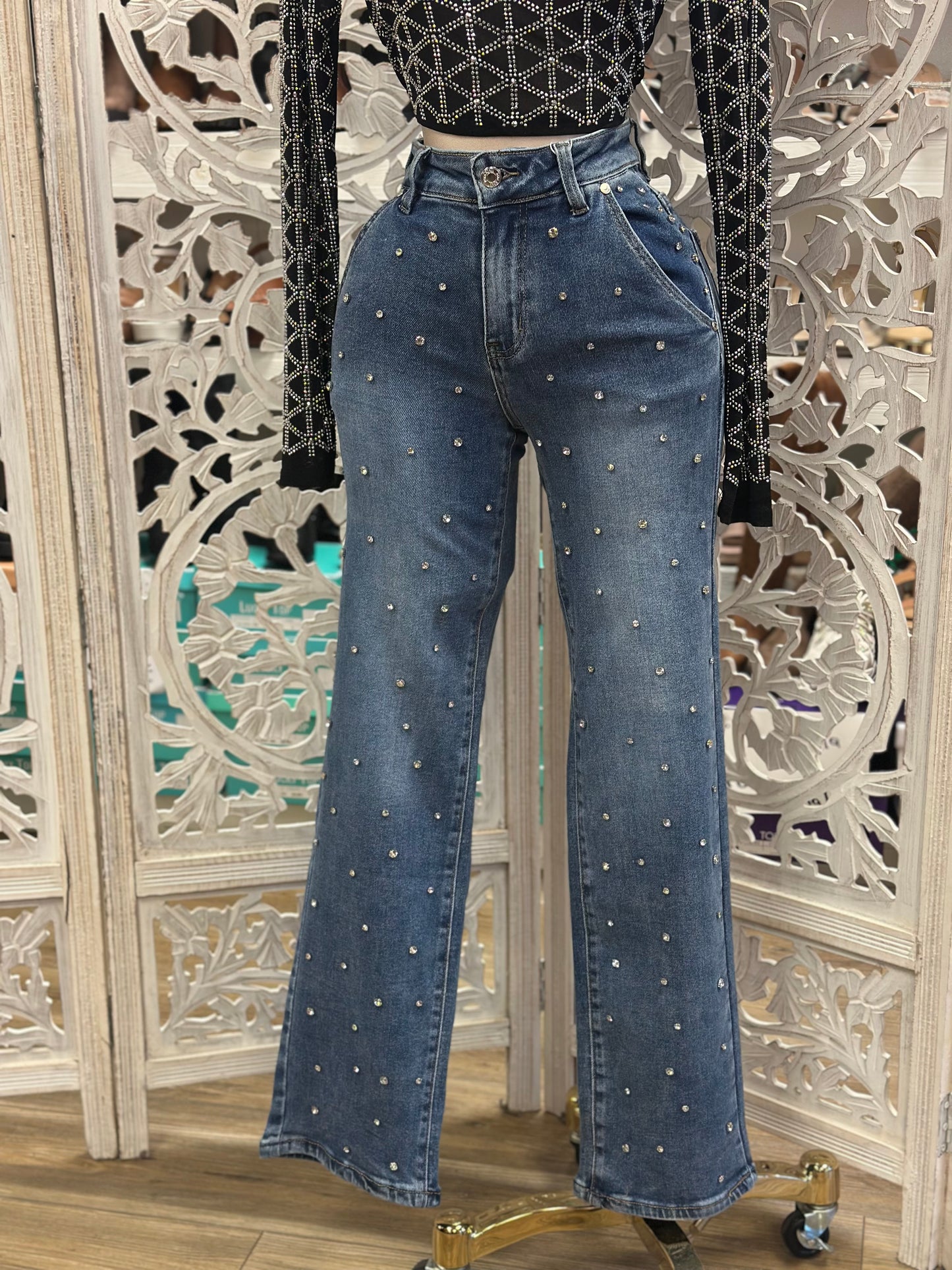 Rhinestone Dark Wash Denim Straight Jeans - Stretchy, Estira