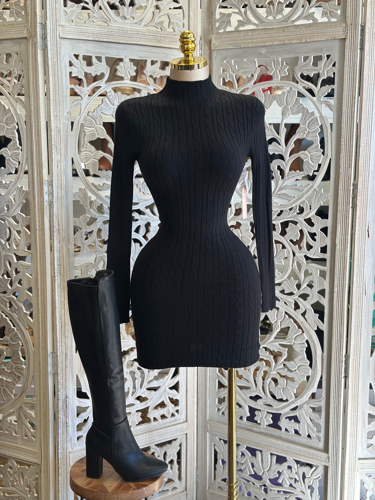 Black Cable Knit Sweater Mini Dress- Stretchy,Estira