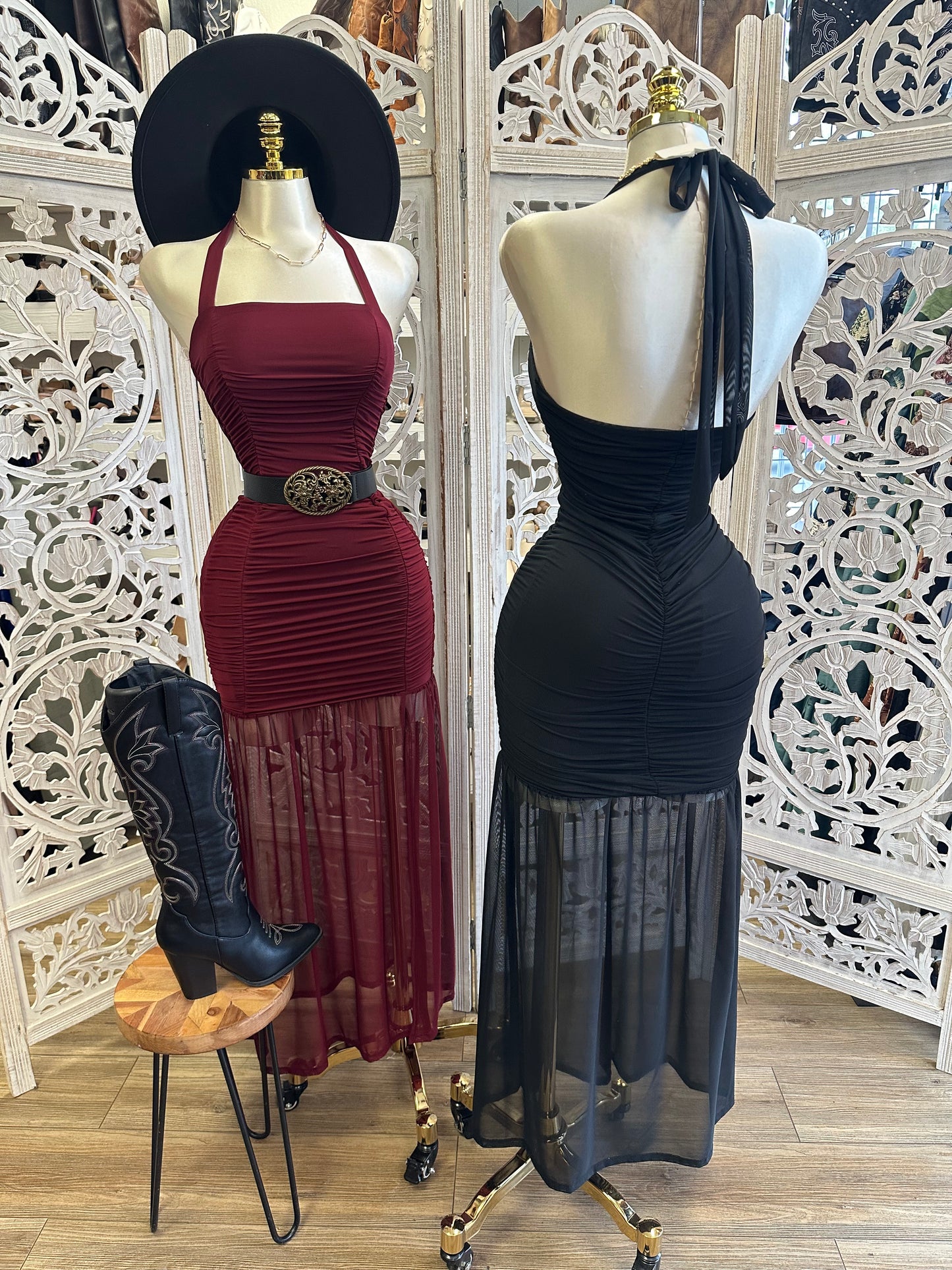 Desert Sunset Ruched Halter Mesh Maxi Dress -Stretchy,Estira