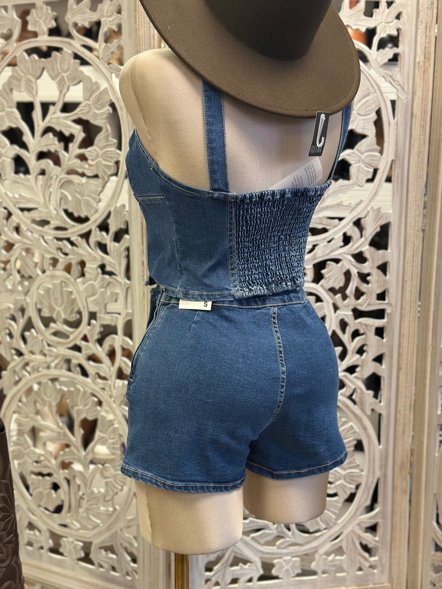 Jean Button Up Mini Skirt Set- Estira Poco , Slightly Stretchy