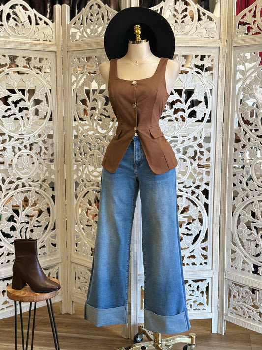 Cuffed Wide Leg Jeans - Stretchy, Estira