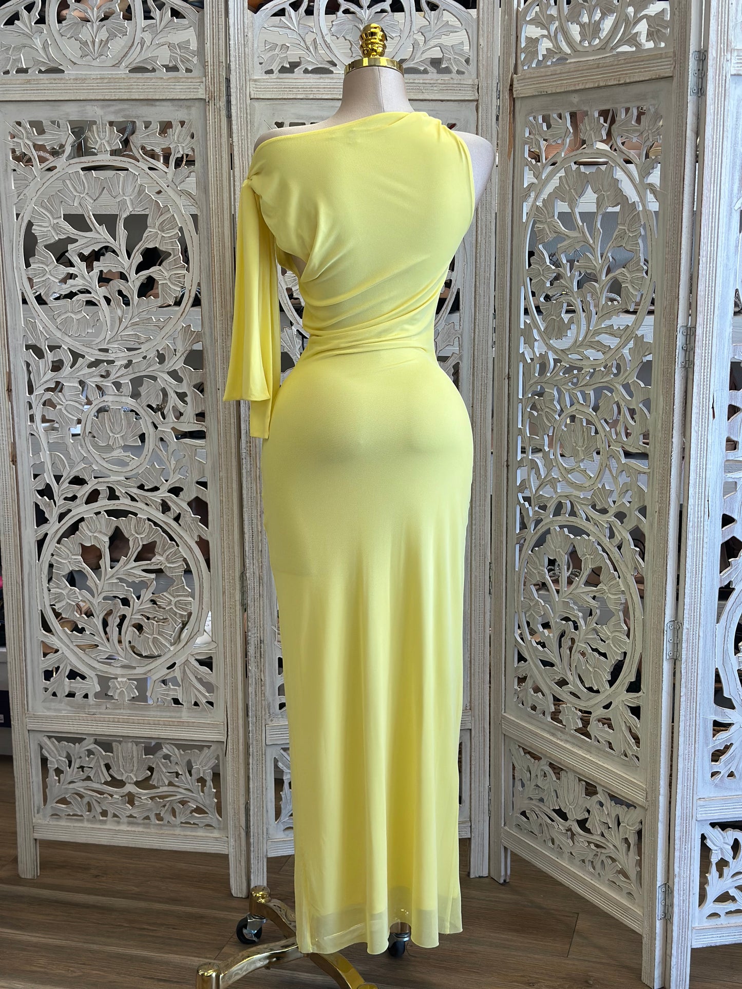 Asymmetrical Yellow Knotted Dress-Estira, Stretchy