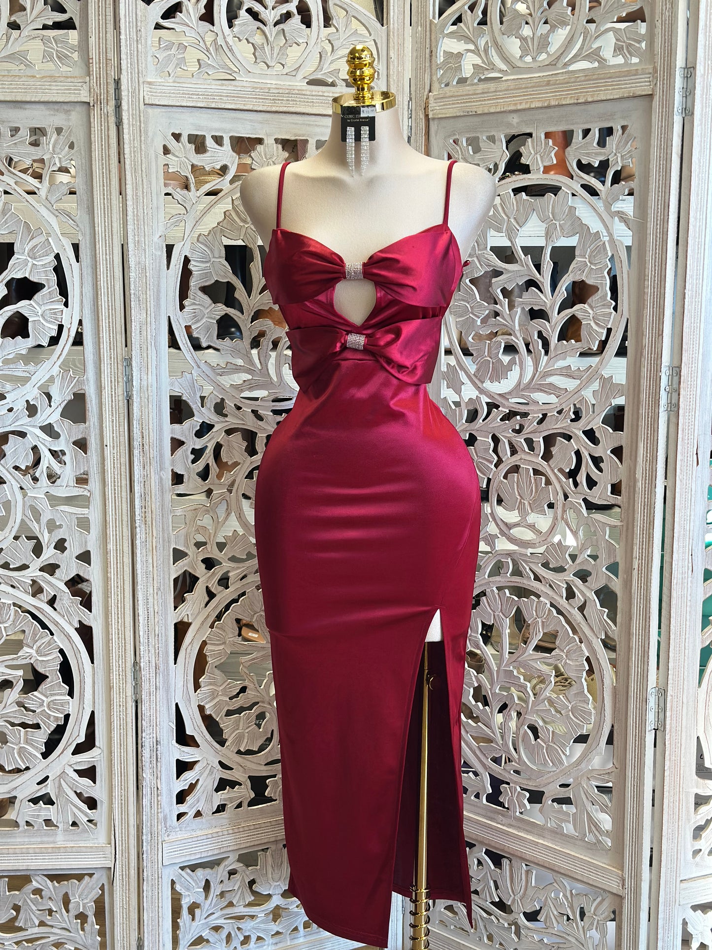 Rhinestone Bow Carmine Dress- Stretchy,Estira