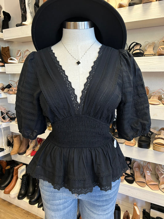 Fit and Flare Black Lace Blouse- Stretchy