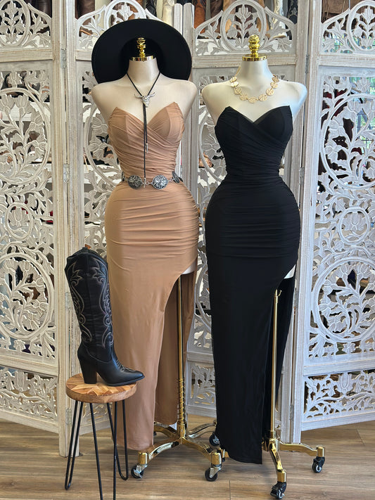 Sharp Strapless Slit Dress- Estira, Stretchy