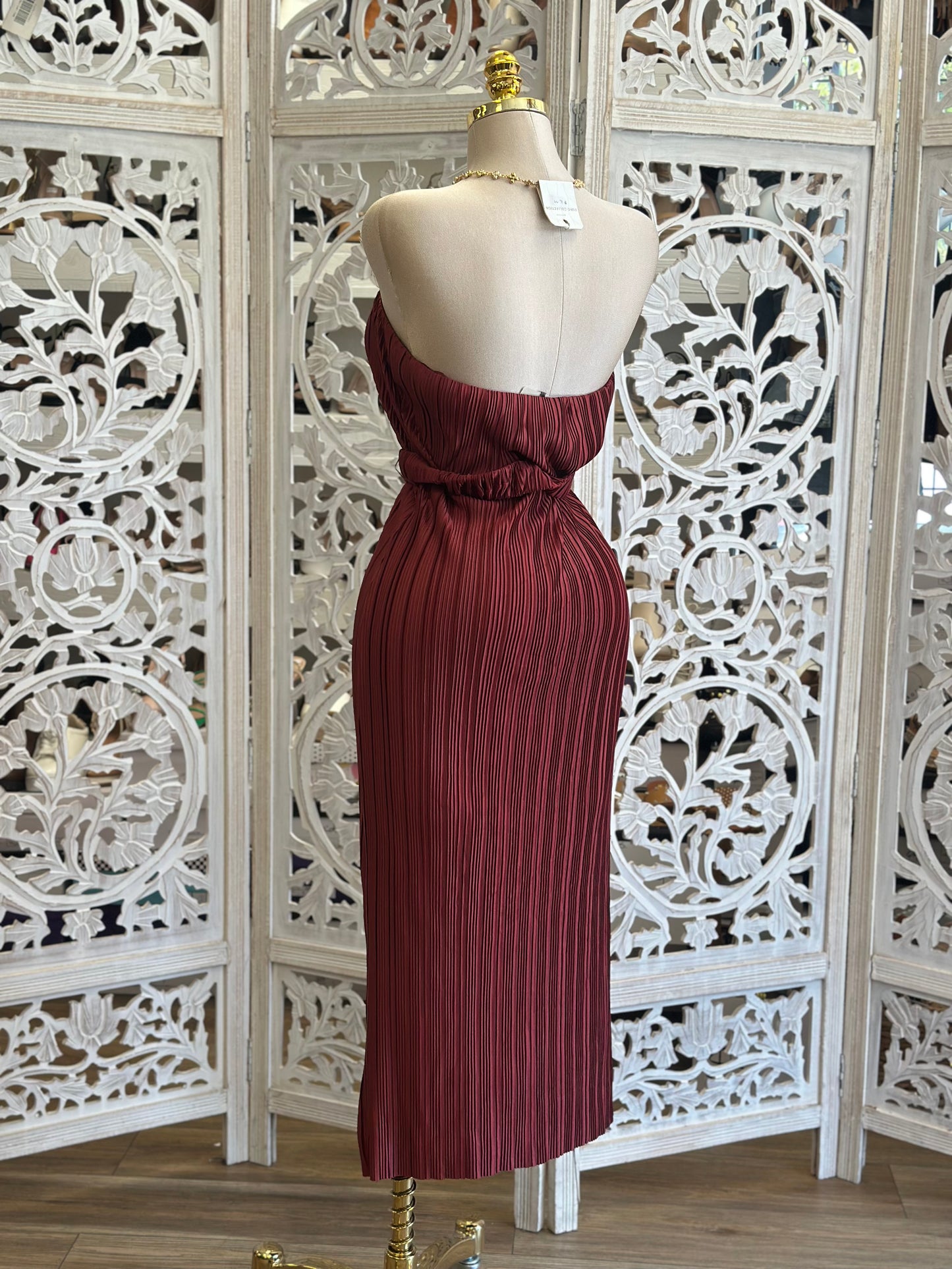 Burgundy Pleated Midi Dress- Stretchy, Estira