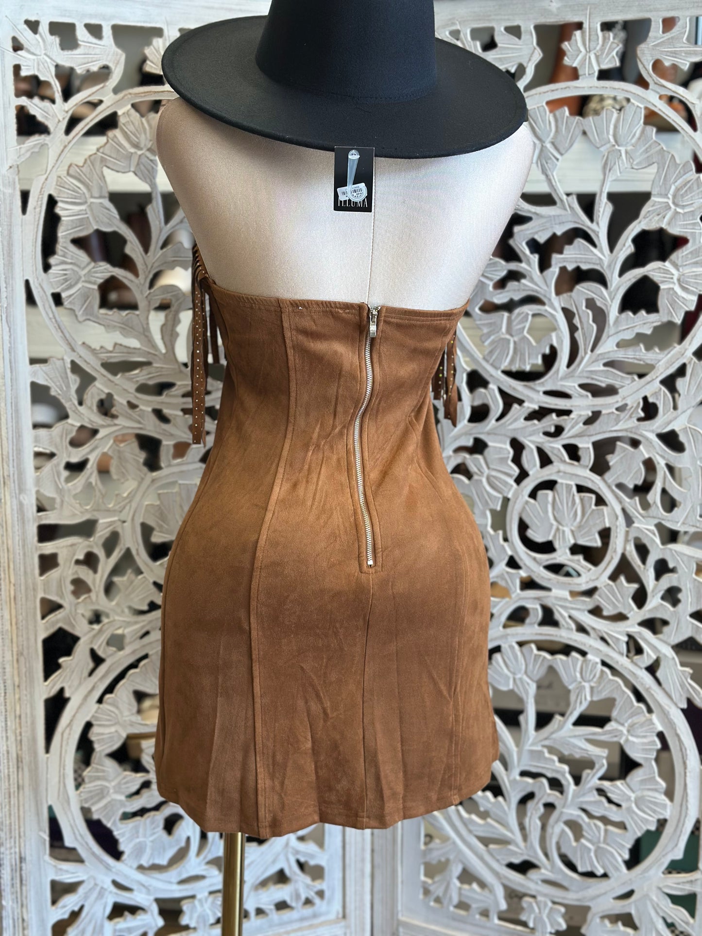 Suede Fringe Mini Dress-Estira, Stretchy