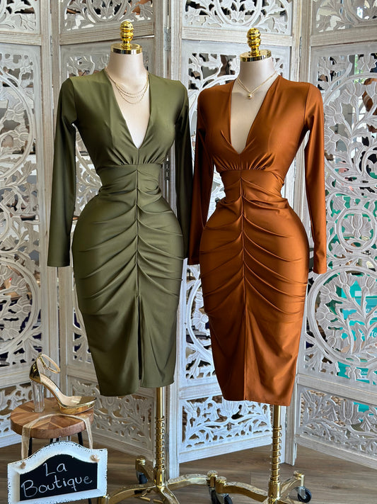 Deep V Long Sleeve Ruched Dress- Stretchy,Estira