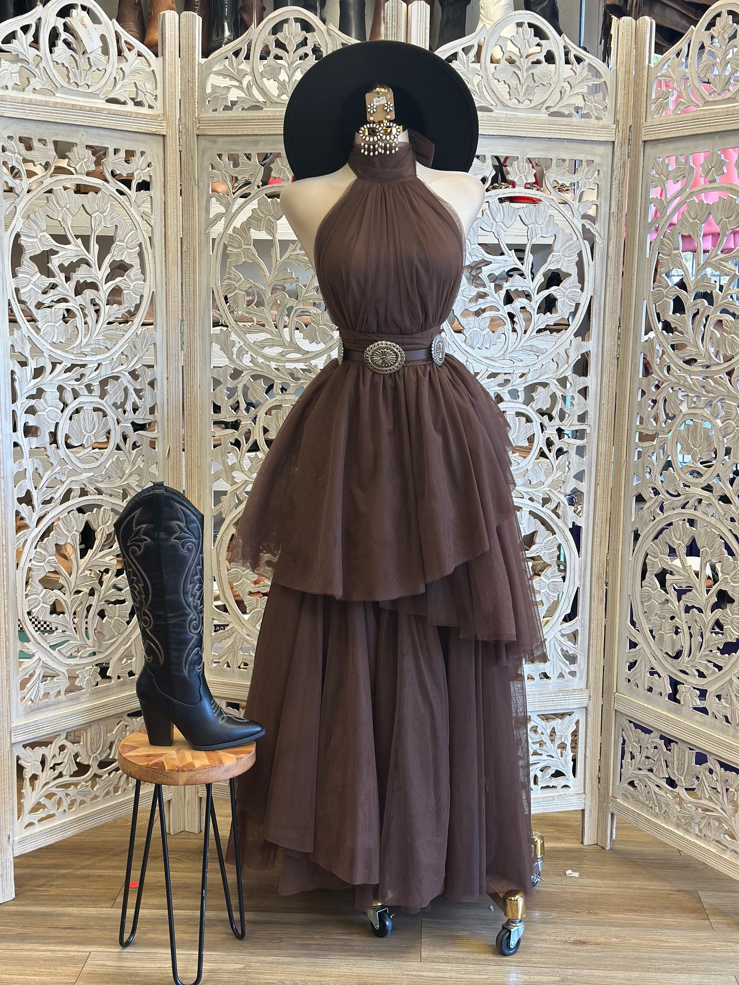 Earth BrownTulle High Neck Ruffle Dress- Not Stretchy, No Estira