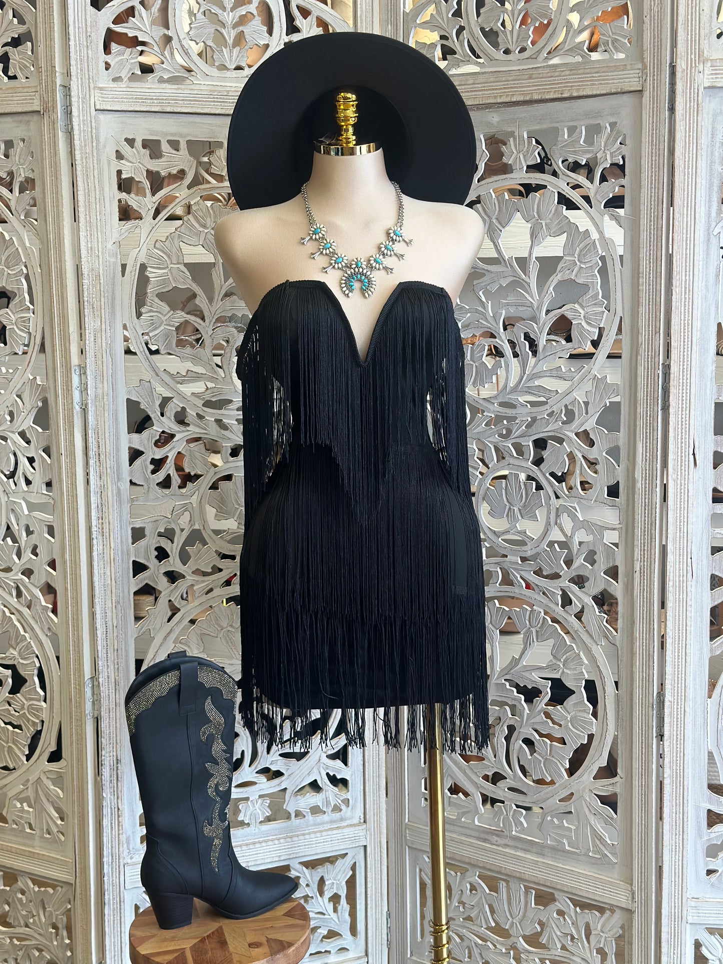 Black Fringe Dress- Stretchy, Estira