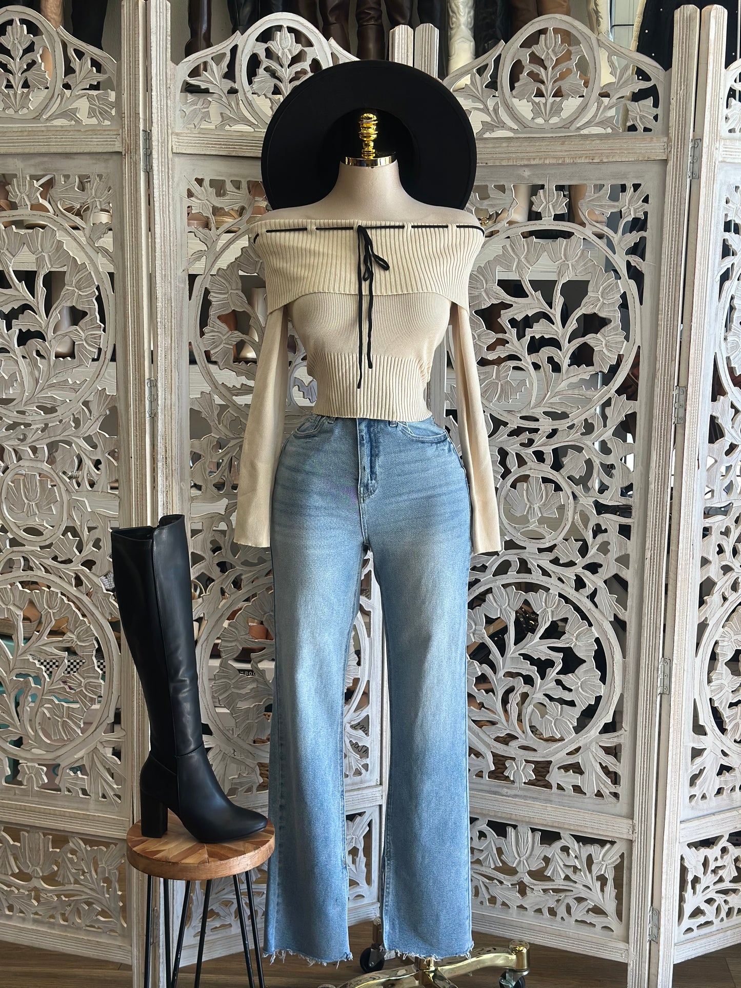 Beige Off Shoulder Ribbed Ribbon Top- Estira, Stretchy