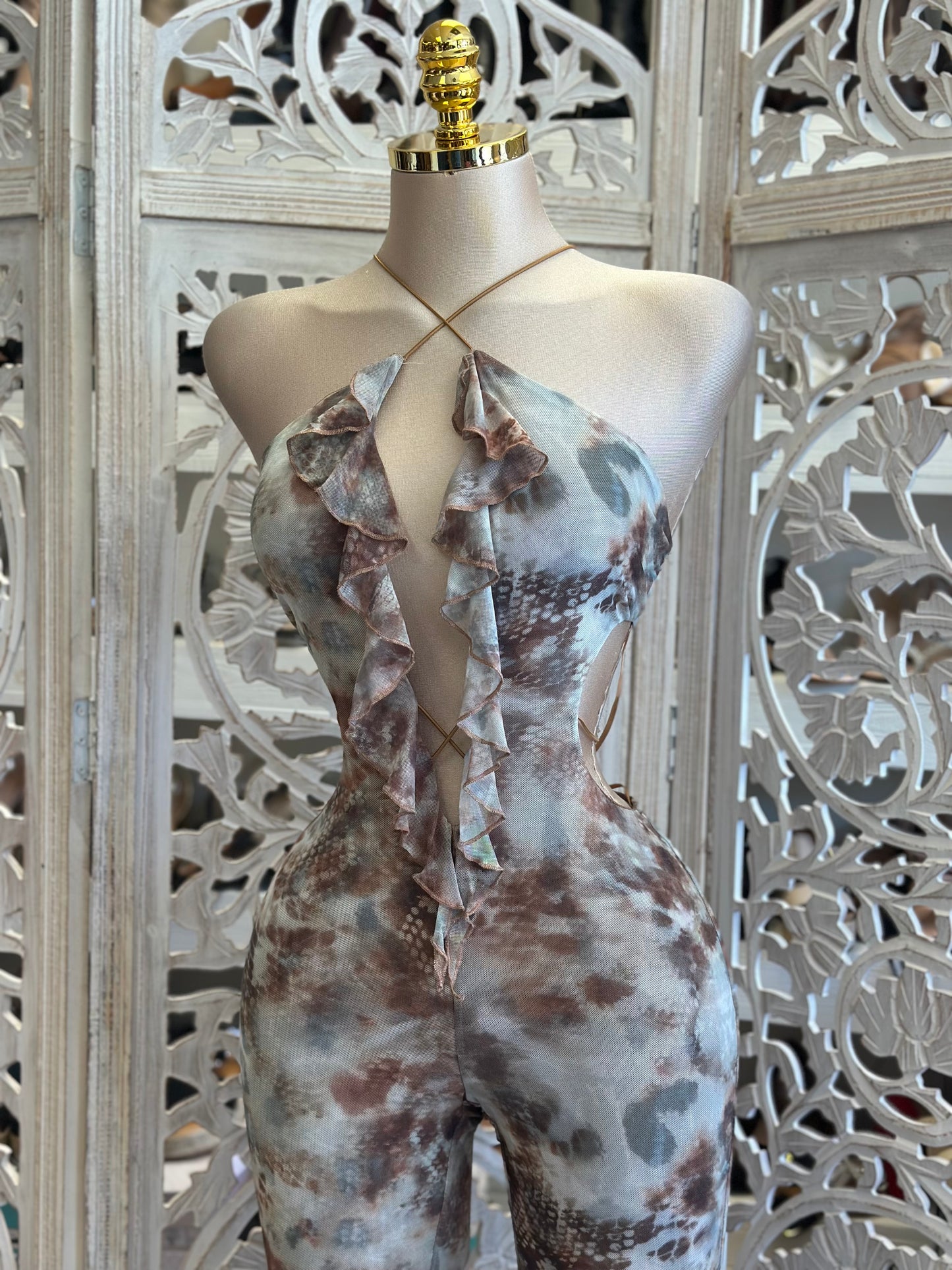 Mesh Multi Print Jumpsuit - Not Stretchy,No Estira