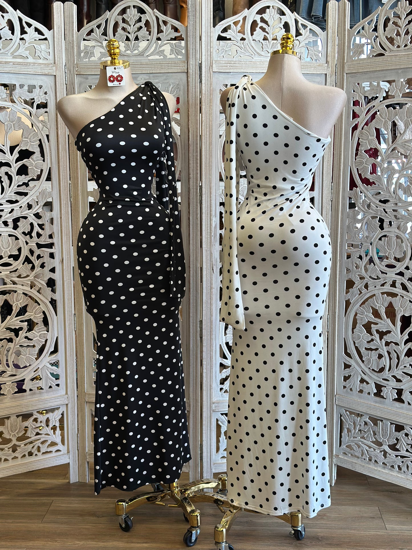 Polka Dot One Sleeve Maxi Dress- Stretchy, Estira