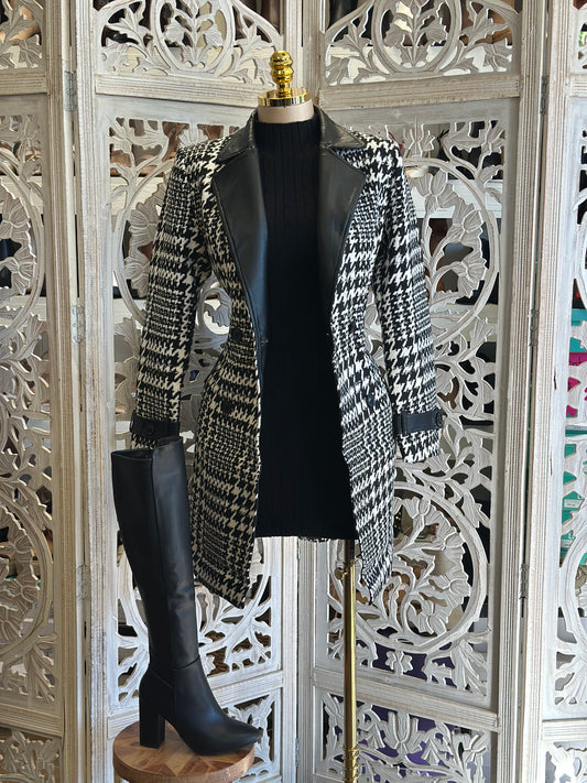 Houndstooth Faux Leather Coat