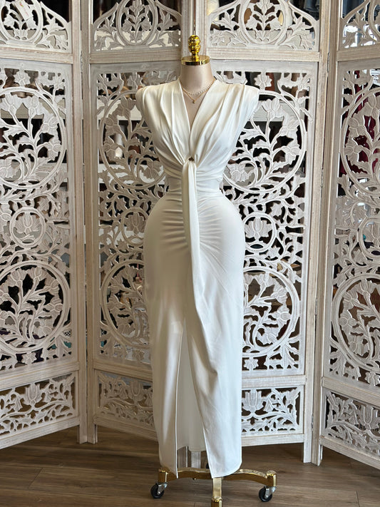 Ivory Knotted Midi Dress- Stretchy, Estira